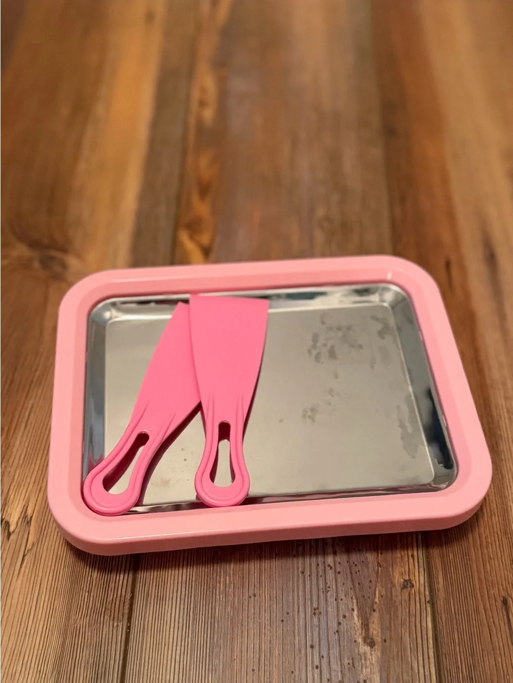 Pink Rolled ice cream Prep Tray with Stainless top and Scrapers, freezable tray